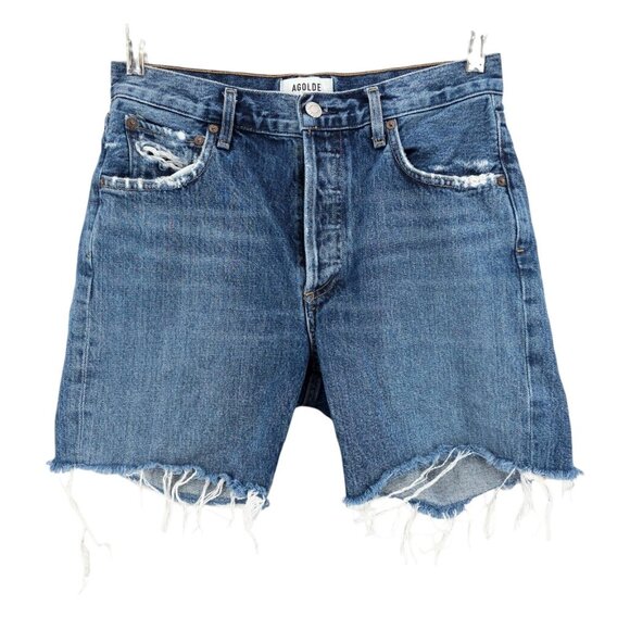 AGOLDE Rumi Mid Length Denim Shorts Frayed Hem Distressed Precision Wash Sz 26